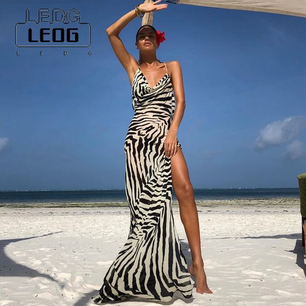 

casual dresses ledp women's y2k elegant beach long dres's summer straps side slit club party halter zebra sundress 230512, Black;gray