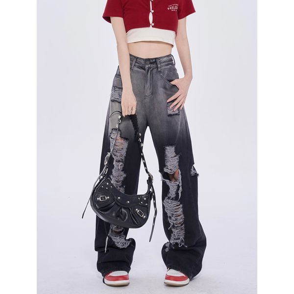 

women's pants s personalized retro ripped black washed gradient jeans summer design sense straight high waist loose wide leg trousers 2, Black;white