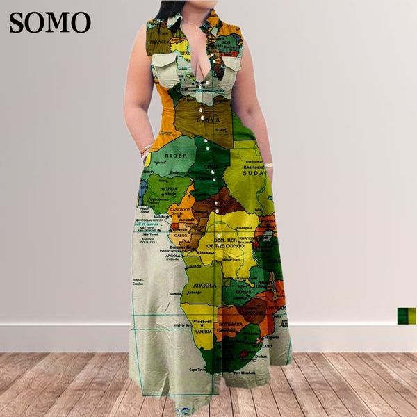 

plus size dresses fashion summer size dress casual map printing sleeveless lapel shirt maxi long dresse wholesale drop 230512, Black