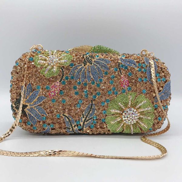 

flower diamond dinner bag metal hard box full diamond dress bag banquet handheld women's bag purse clutch 230513