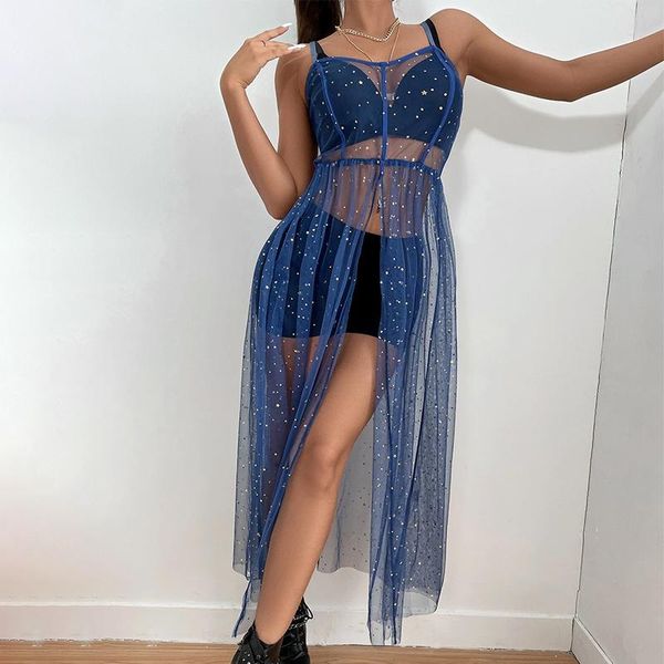

swimwear women cover up dress sleeveless square neck beach holiday sequined split midi beach smock, White;black
