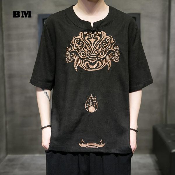 

2023ssmen's t shirts chinese style summer short sleeve kirin embroidery oversized shirt harajuku plus size linens men clothing, White;black