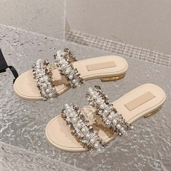 

designer women sandals womens slides new style calf leather fashion platform pearl buckle casual shoes summer beach slipper 35-41 with box, Black