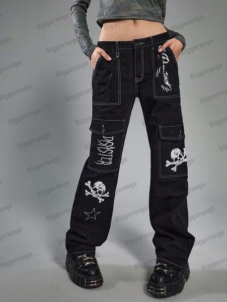 

women's pants s y2k spring autumn skull letter print jean wide leg sweatwear man loose harajuku jeans chic fashion ins 230512, Black;white