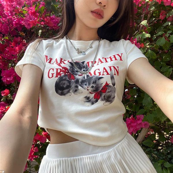 

t-shirt cute cartoon cat harajuku vintage crop tee short sleeve casual printed female ulzzang 90s y2k clothes kawaii women tshirt, White