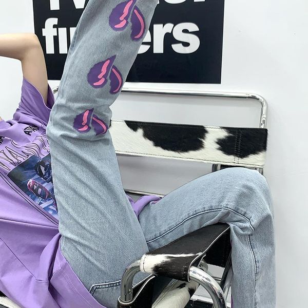 

women's pants s light blue straight cargo jeans broken heart print loose trousers love y2k wide baggy 230512, Black;white