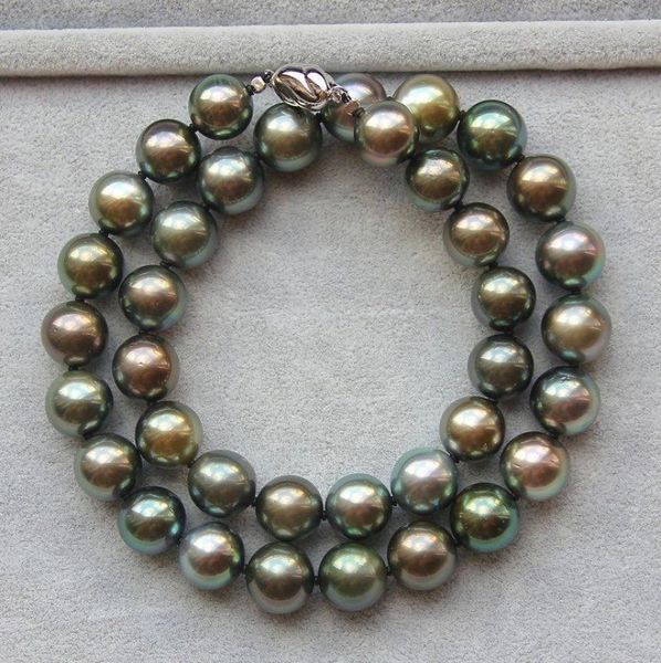 

new fine pearl jewelry elegant 1011mm tahitian round black green pearl necklace 18inch9294855, Silver