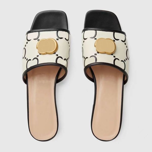 

sandals summer new retro double letters metal buckle slippers women open toe flat bottom casual large size sandals, Black