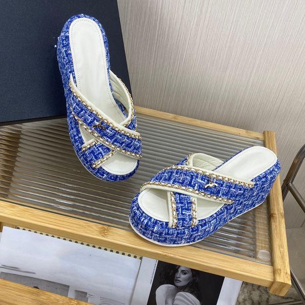 

designer womens sandals cross lazy platform slippers woolen tweed vamp sheepskin inner high heels 6.5cm soft bread shoeshardware pendant bea, Black