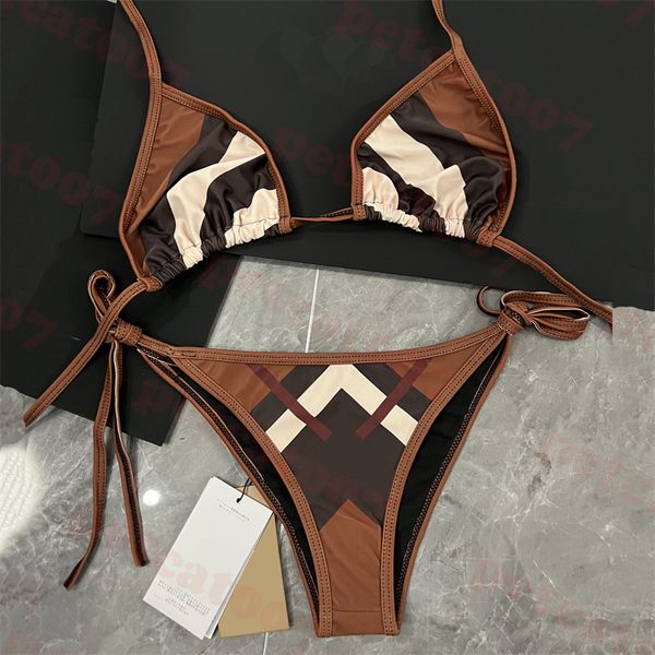 

brown plaid bikini retro pattern swimsuit for women lace up triangle swimwear outdoor summer split bathing suit