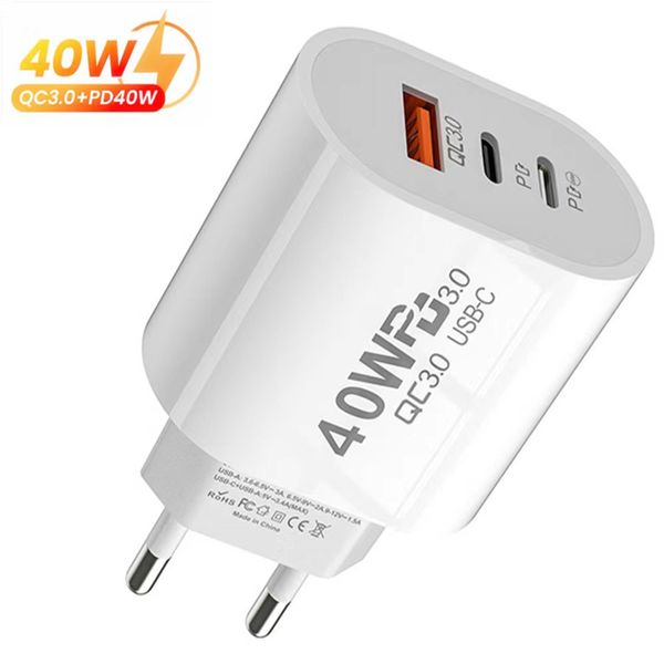 

40w 3a dual pd usb c wall charger 3ports qc3.0 type c fast charging chargers power adapter us eu uk plugs for samsung s20 s22 utral nokia xi