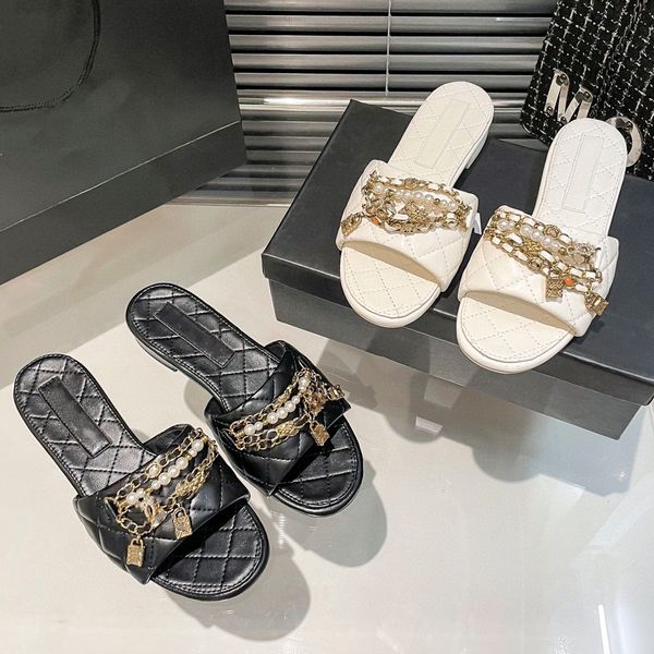 

designers luxury fashion slippers woman size 35-40 thick sole flat pearl chain buckle slides tpu comfort running sandals lovers couples shoe, Black