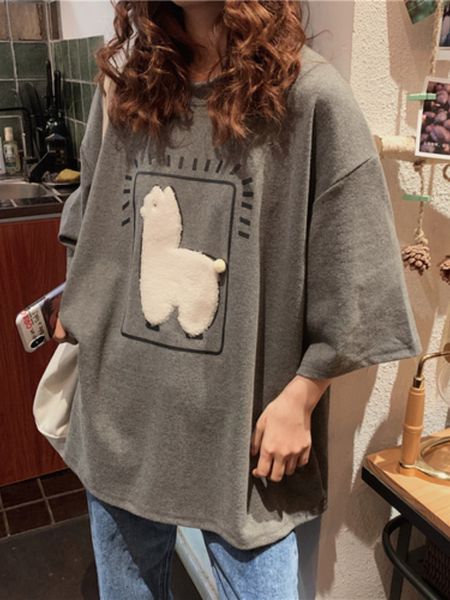 

women's tshirt cartoon alpaca animal printed casual loose oversize korean style summer short sleeve women female tshirts 230512, White