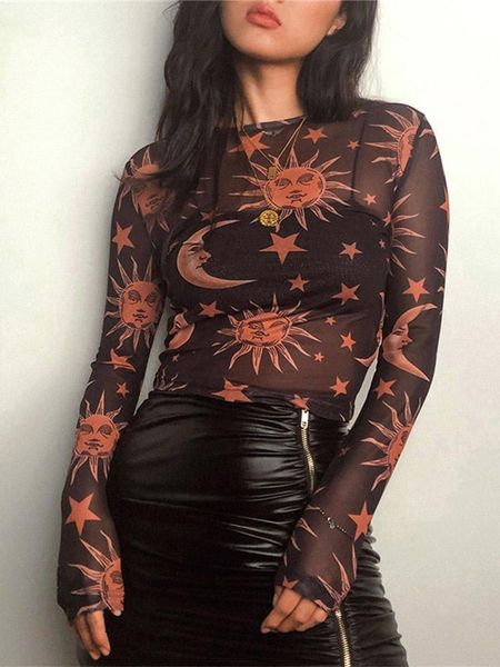 

t-shirt sun moon printed transparent mesh tshirt women oneck long sleeve slim basic casual female 2023 spring new, White