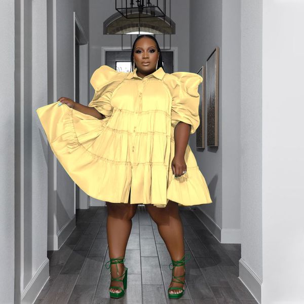 

plus size dresses elegant size puffy sleeve 3tiered button up collar baby doll princess in pink 5xl pleated skirt fashion 230512, Black