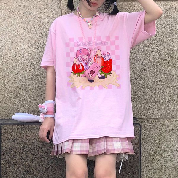 

t-shirt japanese cartoon magical girl cute anime streetwear women clothes summer casual loose vintage pink kawaii sweet girl tshirt, White