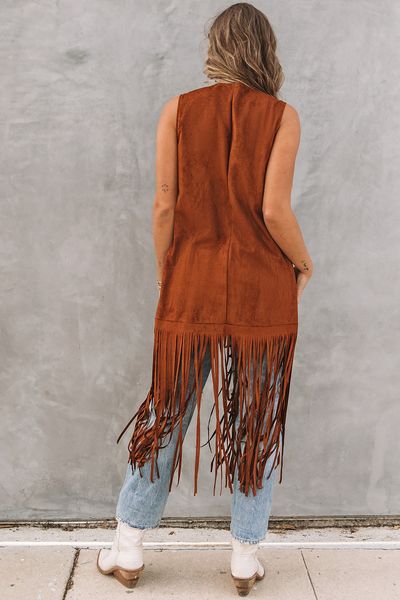 

women brown faux suede cowgirl fringed sleeveless long cardigan, White;black