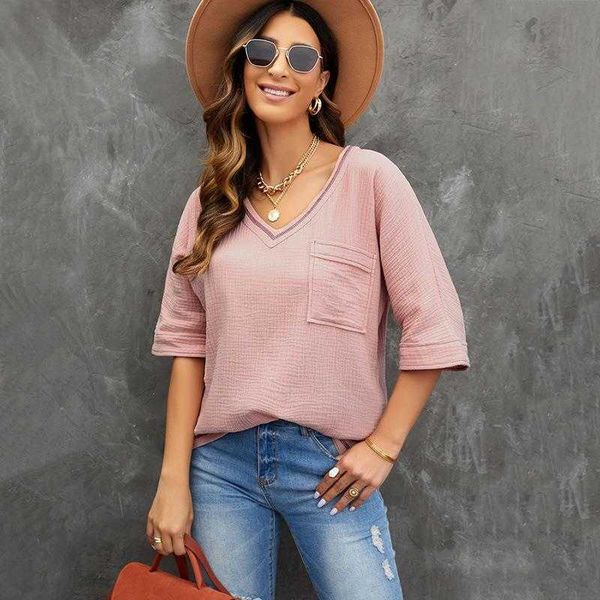 

summer cotton and shirt linen half sleeve womens v neck pocket decoration t, White