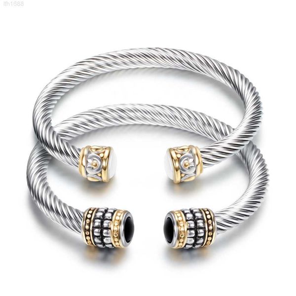 

women men stainless steel jewelry semi-precious stone cable wire twisted cuff bracelet, Golden;silver