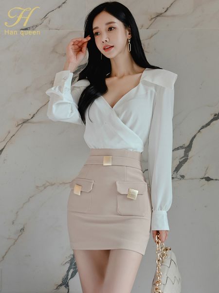 

two piece dress h han queen women spring casual 2 pieces set vintage white vneck pencil skirt korean elegance simple skirts suits 230512