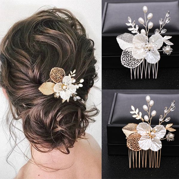 

fs-0010 new shell flower hair comb insertion comb handmade alloy pearl hair comb european and american style bridal headwear, Silver
