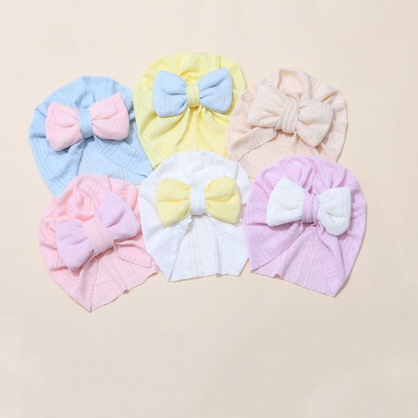 

m591 spring summer infant baby bowknot breathable cotton hat kids girls turban caps solid color sweet babies hats, Yellow