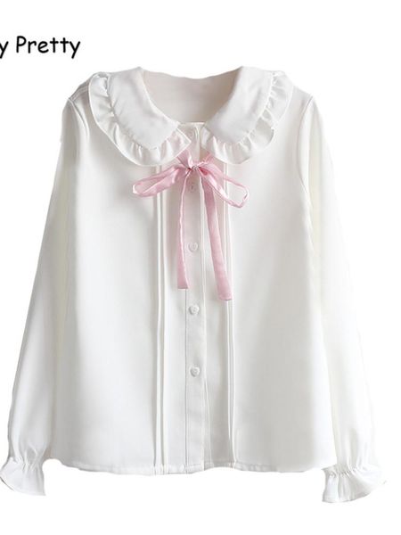 

shirts merry pretty lolita style women white shirt long sleeve peter pan collar pink bowknot chiffon blouse shirt jk school uniform top