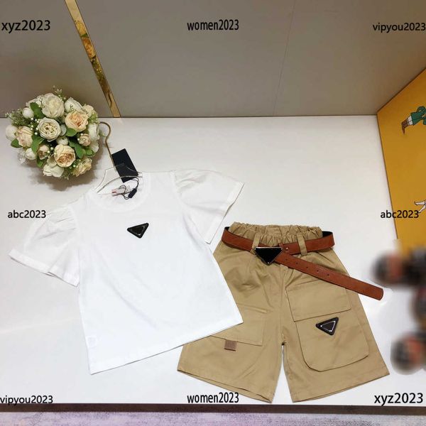 

tracksuits kids designer clothes t-shirt set size 110-160 cm 2pcs petal sleeve single breasted shirt and fashion belt shorts may10, White