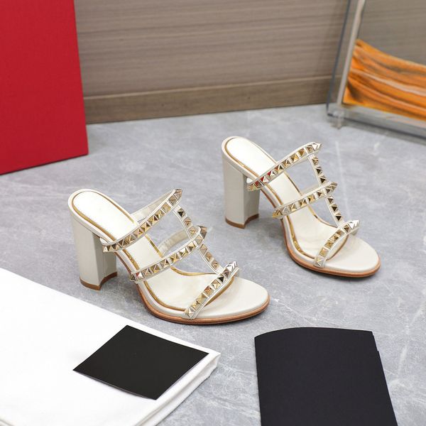 

quality heeled spikes slippers studs platform sandals lady mid-heel spike slide black white stud mules beach summer