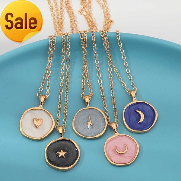 

wholesale fashion women jewelry gold plated coin pendant necklace charm colorful heart moon star pendant thick chain necklace, Silver
