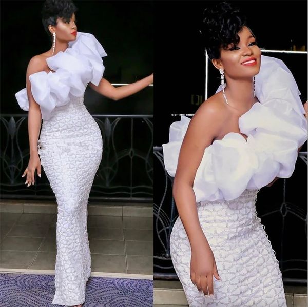 

arabic elegant white prom dresses one shoulder ruffle mermaid party celebrity gowns red carpet film opening ceremony dress, Black