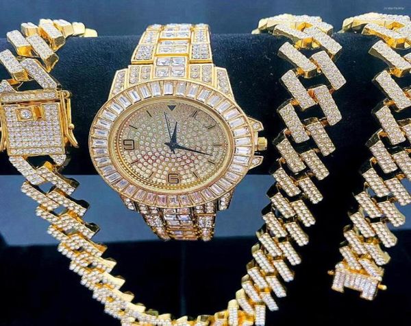 

chains 3pcs men039s iced out chain necklace bracelet watch men hip hop 15mm studded large heavy gold cuban link jewelry set wom8187159, Silver