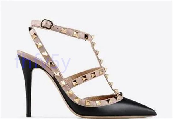 

luxury esigner pointed toe 2-strap with studs high heels patent leather rivets sandals women studded strappy dress shoes valentine high heel, Black