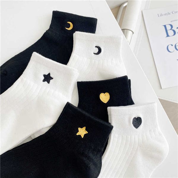 

moon man embroidery socks wholesale star compression cotton heart smile fashion woman korea harajuku style kawaii funny cartoon female lovel, Black