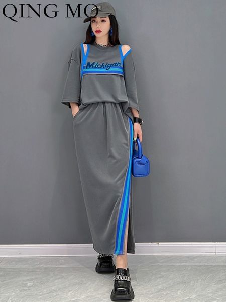 

two piece dress qing mo spring summer fashion suit leisure sports off shoulder tshirt skirt pieces set women zxf833 230512, White