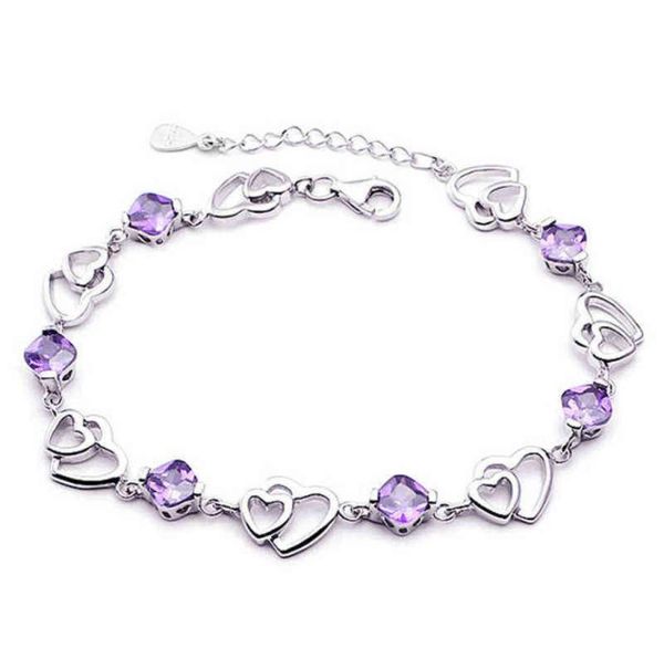 

s925 silver crystal linked hearts purple cz bracelet bangle for women girl lady wedding birthday gift aaa zircon3010030, Black