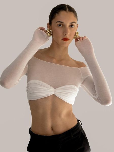 

women's tshirt mozision see through mesh crop women pullovers strapless short knit cropped ladies tee shirt offshoulder tshirt 230512, White