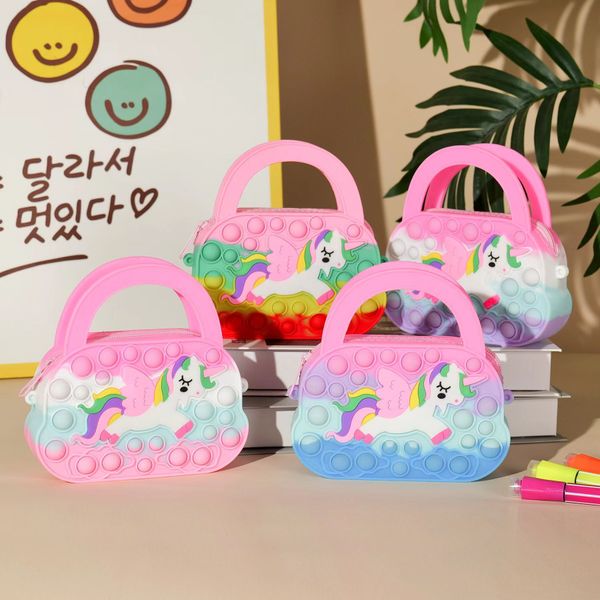 

little girl silicone rainbow unicorn toys portable storage bag girl princess silica gel inclined shoulder bag, Black
