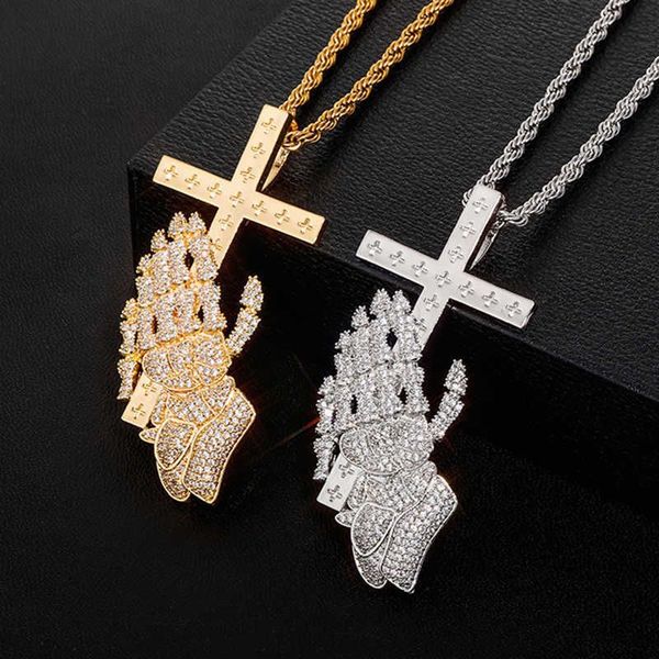 

fashion prayer hand gesture cross pendant necklace for men and women 14kg gold plated iced out religious iced out cubic zirconia charms cz h, Silver