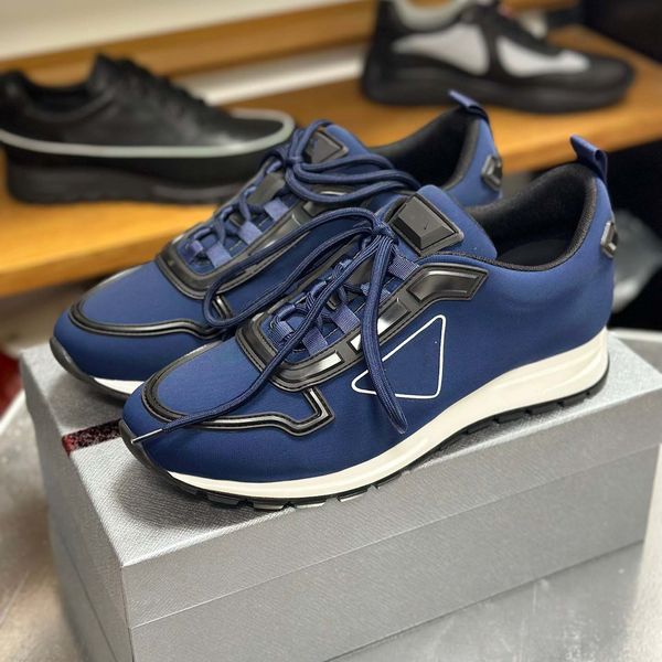 

23s/s downtown leather sneakers metal triangle shoes men technical fabric re-nylon runner outdoor sports chunky rubber sole casual walking e, Black