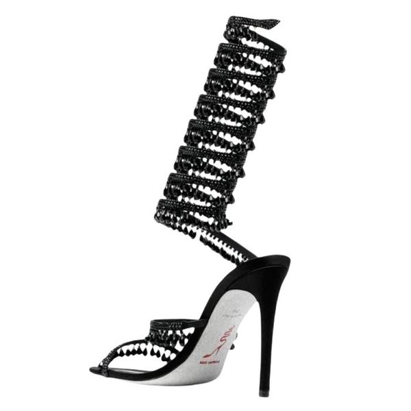

rene caovilla stiletto heels sandals chandelier embellished satin sandals luxurys designers dress shoes ladies slipers rhinestone studded sa, Black