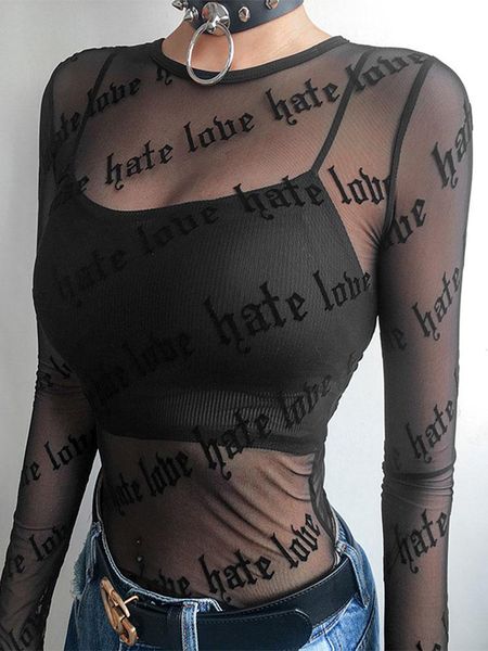 

t-shirt women mesh tshirts seethrough perspective tshirt letter printed o neck transparent long sleeve t shirt women, White