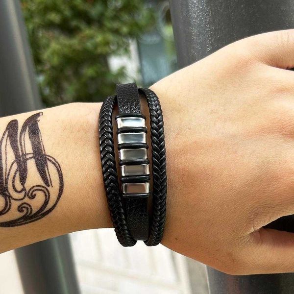 

black woven multi layer leather bracelet student fashion five piece metal stitching, Golden;silver