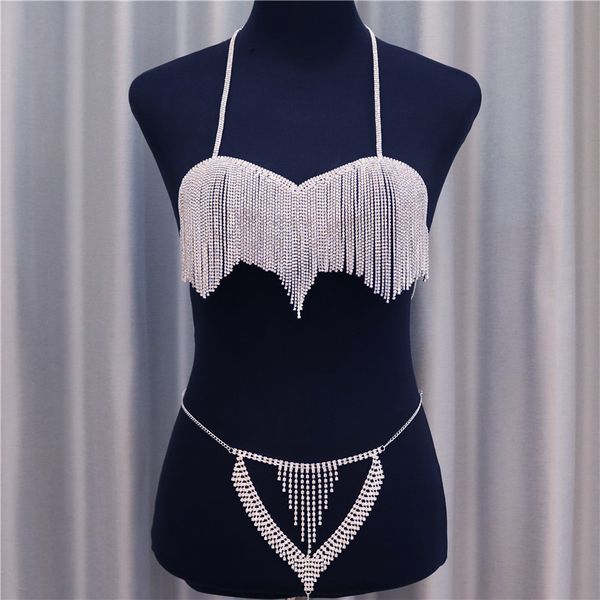 

designer beach rhinestone shining claw chain body chain set shiny underwear set chest chain panties nightclub style fashion dress show bra t, Silver