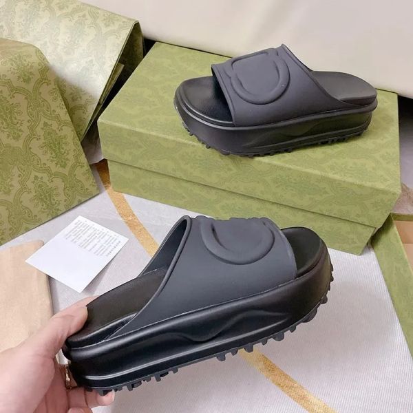 

women slide sandal with interlocking g mens platform slipper rubber tpu slides thick bottom vintage shoes summer beach flip flops avu, Black