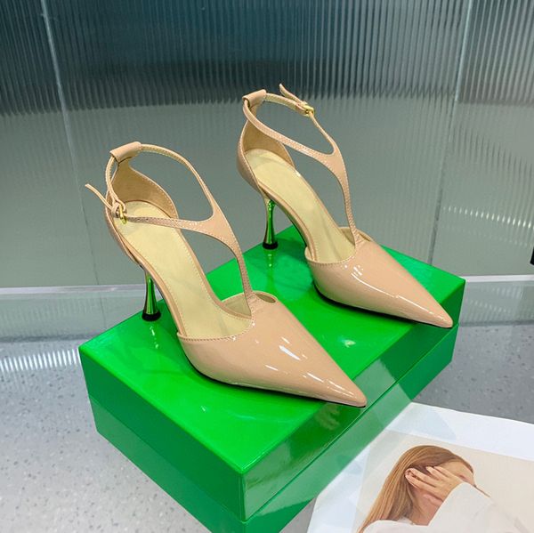 

new patent leather pointy pumps heels shoes ankle stiletto sandals heeled point toe for women luxury designers dress shoe evening flat botto, Black