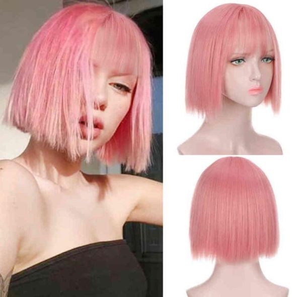 

hair huaya synthetic pink short bob with bangs for women lolita cosplay hairstyles silver green heat resistant 2203015357772, Black;brown