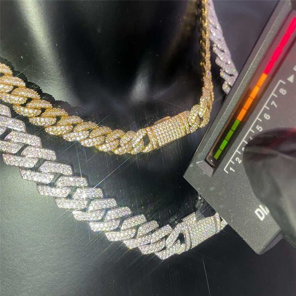 

pass diamond tester 14mm wide 2rows 925 solid silver with gra moissanite diamond cuban link chain for rapper hip hop necklace