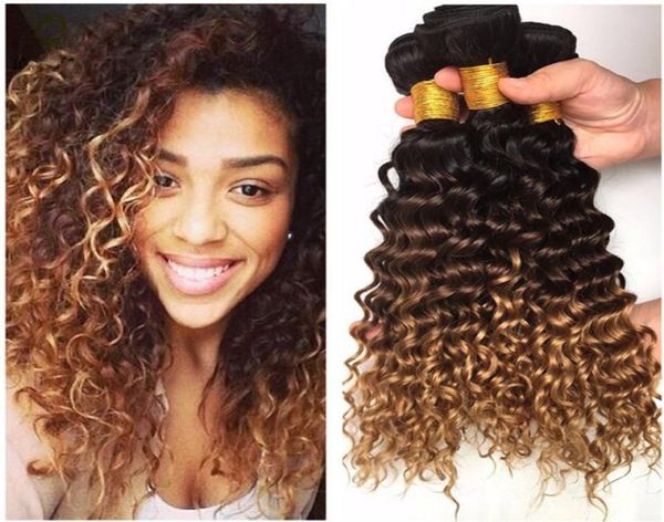 

grade 9a peruvian virgin hair kinky curly weaves three 3 tone 1b 4 27 honey blonde ombre human hair extensions 3 bundles lot9472548, Black;brown