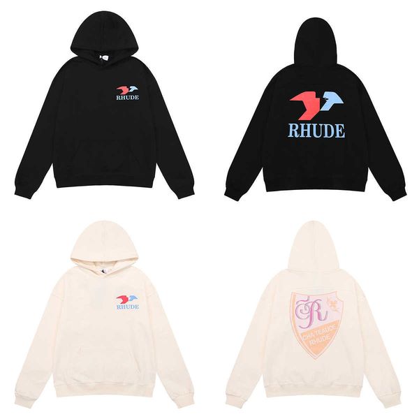 

little fashion rhude letter printing cotton high weight terry hoodie men's and women's loose sweater, Black